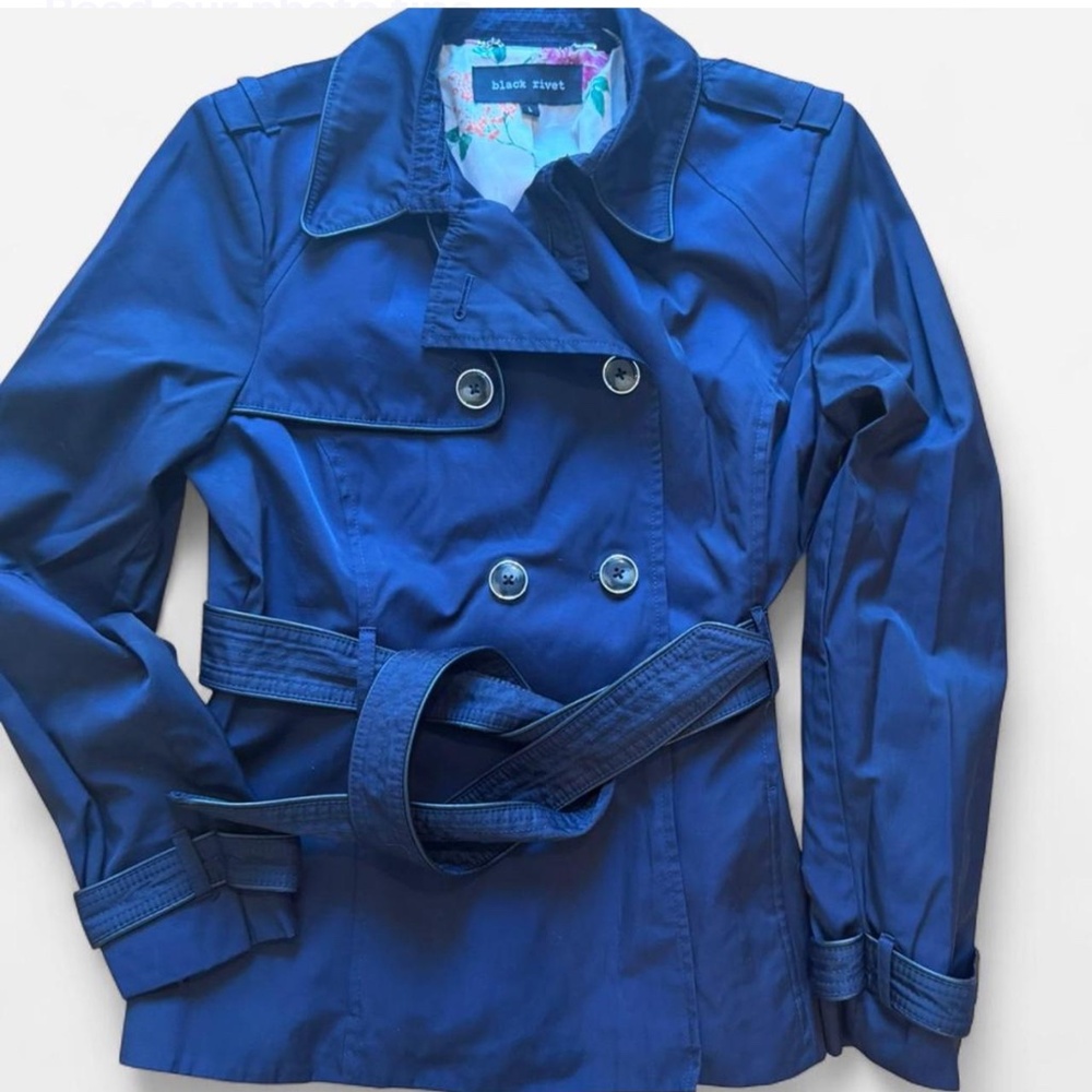 Black Rivet Blue Trench Jacket Floral Lining Size L